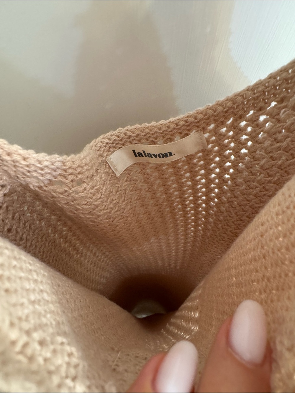 Neutral Crochet Maxi Dress with Spaghetti Straps - Picture 2 of 3
